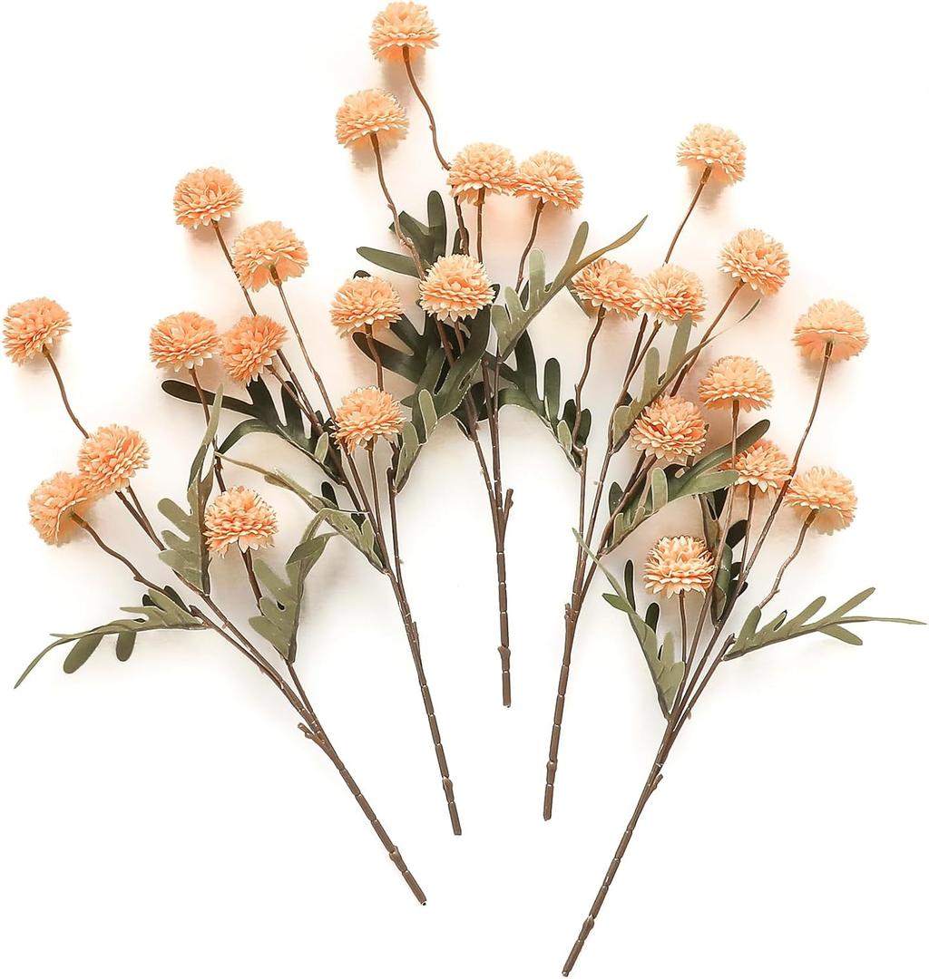 Floroom 5pcs Faux Silk Pompon Mum Artificial Flowers, Bulk Fake Mini Chrysanthemums with Stems for DIY Bouquet Centerpieces Wedding Fillers Arrangements Shower Decorations, Apricot Peach