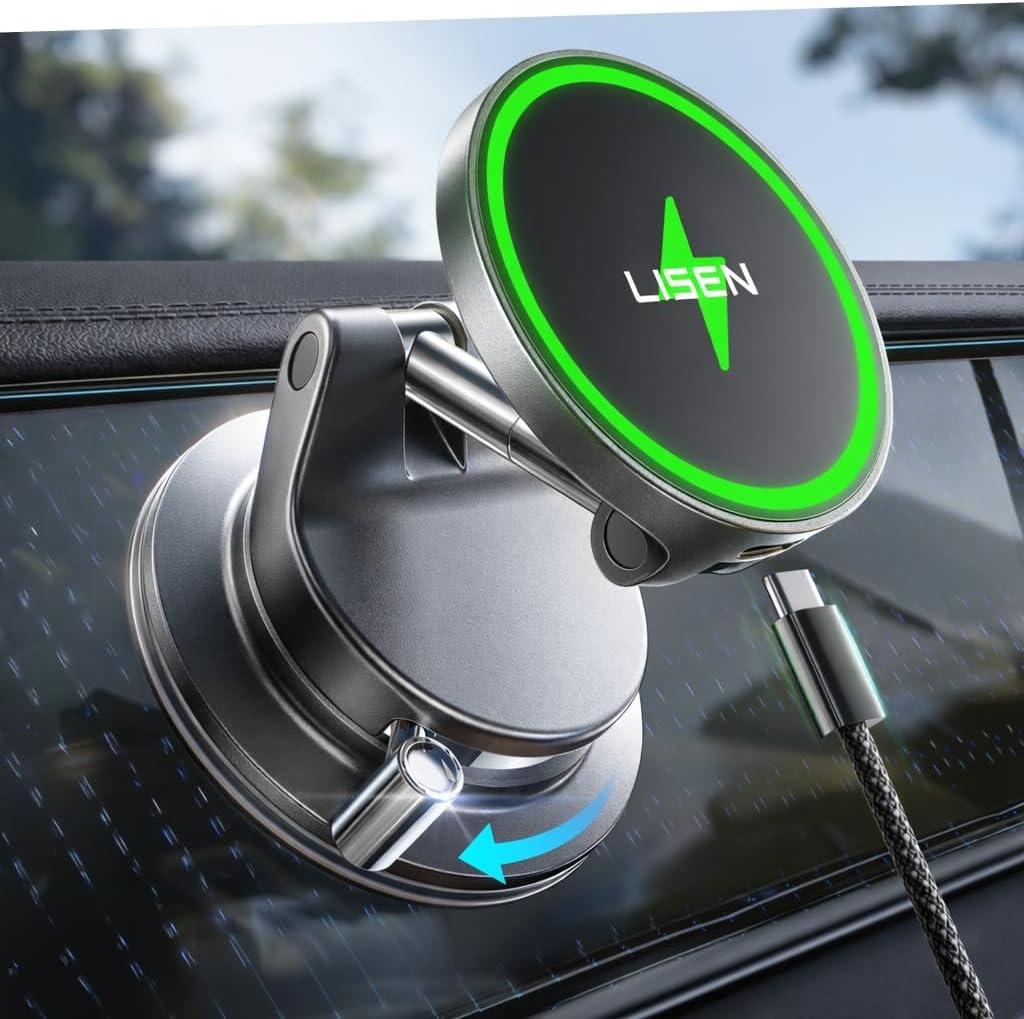 LISEN 15W Magsafe Car Mount Charger, Magnetic Wireless Car Charger, Suction Phone Mount, Vacuum Magnetic Phone Holder for Car Charger for iPhone 17 Pro Max 16 15 14 13 12, Samsung,Pixel, Gifts for Mom