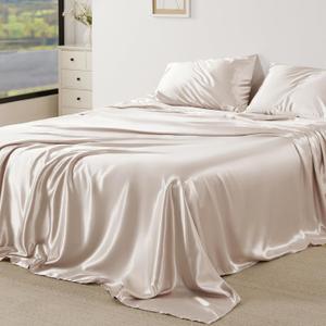 Bedsure Satin Sheets Queen Size Bed Set - Luxury Silky Bed Sheet Set, Ultra Soft & Wrinkle Free, Good for Hair & Skin, 15 Inches Deep Pocket for Mattress, 4-Piece (Queen, Beige)