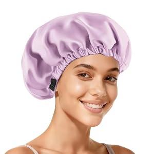 Zixsavk Adjustable Double Layer Silk-Satin Hair Bonnet for Sleeping Women – Anti-Frizz Curly Hair Sleep Cap, Hair Protector for Night, Moisture Retention Soft Bonnet for Natural Hair (Light purple,L)