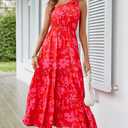 PRETTYGARDEN Women's One Shoulder Boho Floral Maxi Dress | Sleeveless Tiered A Line, Long Flowy Sundress, Tie Knot Summer Vacation Dresses, Spring Wedding Guest Outfits for Beach Party M