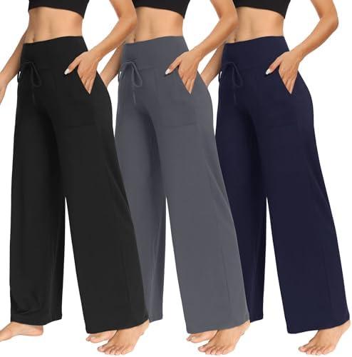 TNNZEET 3 Pack Women's Wide Leg Pants with Pockets - Casual Loose Yoga Trouser Pants Sweatpants Palazzo Lounge Pajama Pants, M