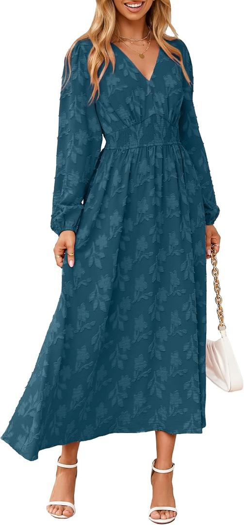 Simplee Womens Boho Floral Long Sleeve Maxi Dress V Neck Empire Waist Fall Wedding Guest Dresses with Pockets (L)