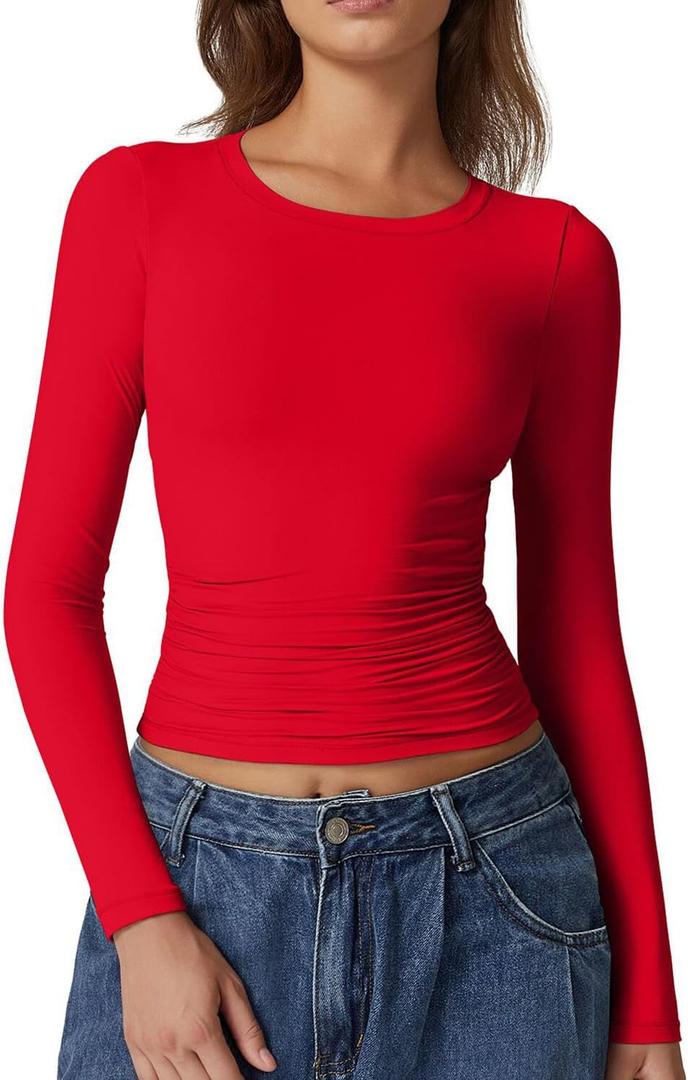 QINSEN Womens Crewneck Long Sleeve Shirt Double Lined Basic Tees Side Ruched Going Out Crop Tops (Large, Red)