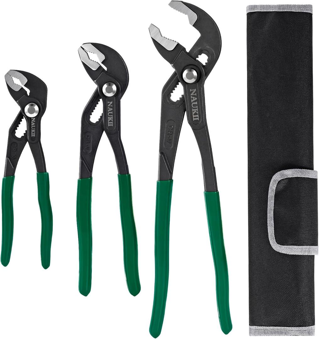 3pcs 8/10/12 inch Groove Joint Pliers Set Comfortable Handle Tongue-and-Groove Pliers for Home Repair Water Pump Pliers with Roll Up Case Adjustable Pliers