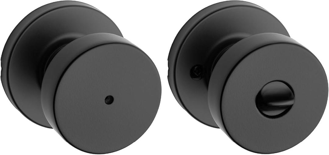 Kwikset Pismo Interior Privacy Door Knob with Lock, Door Handle For Bathroom and Bedroom, Matte Black Keyless Turn Lock Doorknob, with Microban Protection