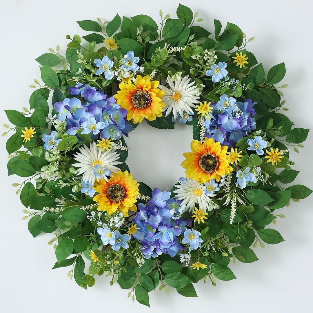 26" Large Artificial Flower Wreath for Front Door Outside – Spring Summer Wreath with Lifelike Sunflowers, Fake Blue Hydrangea Flowers for Indoor Outdoor Mantel,Window,Farmhouse,Home,Wall Decor