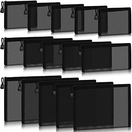 Outus 15 Pieces Mesh Bags Mesh Zipper Pouch Makeup Bags Cosmetic Travel Organizer Pouch Pencil Case(9.84x7.09, 7.87x3.94, 5x3.94 Inches, Black) 