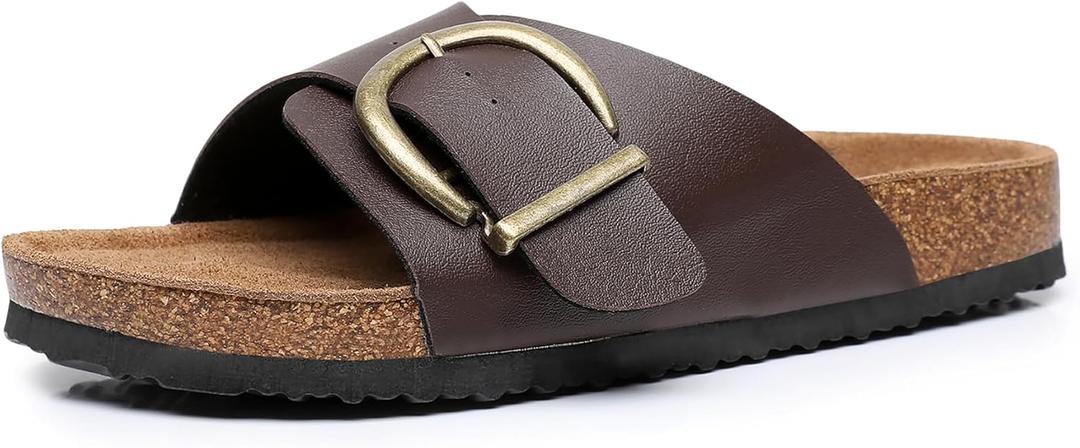 Women's Cork Footbed Sandals Cow Suede Summer Slide Sandals for Women with Adjustable Strap Buckle Open Toe Outdoor Beach Sandals 2025 (8, Chocolate)
