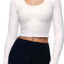 ENERBLOOM Womens Long Sleeve Shirts Workout Crop Tops Yoga Tee Built in Bra Mild Support Cream Feeling Athletic Top U-Neck Milk White X-Large