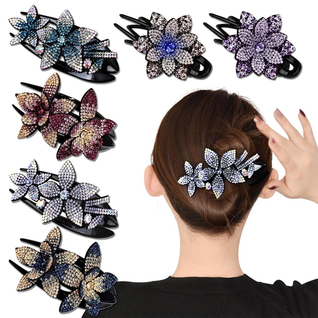 6 Pack Rhinestone Double Flower Hair Clip for Women Girls, Crystal Duckbill Clip Hairpin with Teeth Non-Slip Women Elegant Hair Dovetail Clips for Thick Long Hair Accessories