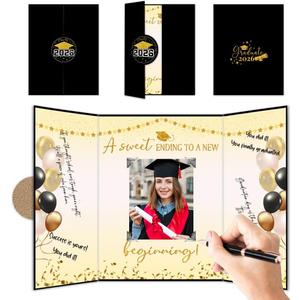 Graduation Party Decorations - Gold & Black The Adventure Begins - Class Of 2026 Grad Guest Book, Signature Board With 6 Photo DIY Sticker, Graduation Gift For Him Her Party Favor & Supplies - A11