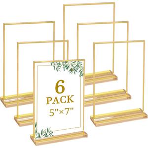 Floroom 6 Pack 5x7 Inch Clear Acrylic Sign Holders, Double-Sided Gold Display Stand Picture Frames for Table Numbers, Menus, Flyers, Weddings, and Offices