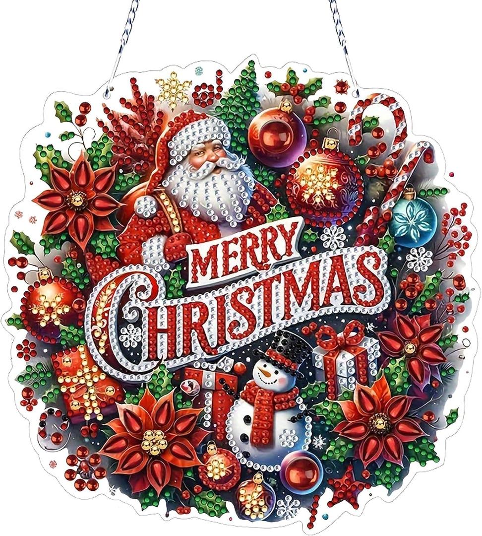 VODAPYC Christmas Santa Diamond Art Hanging Kit for Adults, DIY Double Sided Special Shaped Diamonds Art Window Pendant Ornament for Home Decor(Santa Wreath-2)