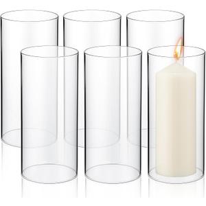 Yaomiao 6 Pcs Hurricane Glass Candle Holders Sleeve Open Ended Glass Bottomless Candle Cover Cylinder Hurricane Clear Chimney Shade Tube Cover for Baby Shower Wedding Party(2.95 x 6 Inch)