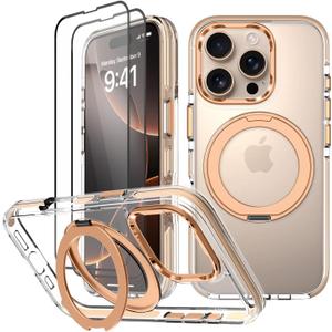 Desert Titanium Clear Case for iPhone 16 Pro Case with Stand & 2X Screen Protector [ Compatible with MagSafe ], Military Grade Magnetic Phone Cover with Ring for Women Men, Gold