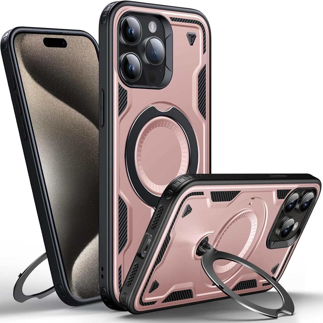 WYUIC Designed for iPhone 15 Pro Magnetic Case, Compatible with Magsafe, 10ft Drop Test Hard Rugged, 360 Rotating Ring Kickstand Heavy Shockproof Protection Phone Case iPhone 15 Pro Cover, Rose Gold