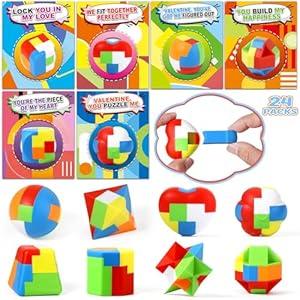 24 Pack Valentines Day Cards for Kids with 3D Brain Teaser Puzzles, Valentines Day Gifts for Kids Classroom, Valentines Exchange Cards for Kids, Valentines Party Favors, School Classroom Prize