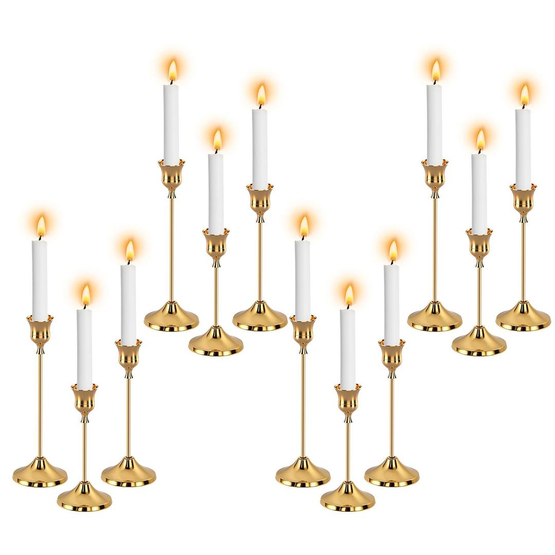12pcs Gold Candle Holders, Candlestick Holders Taper Candle Holders for Pillar Candles Sticks Holder Decor Halloween Christmas Decorations Candle Candelabros para Centros de Mesa