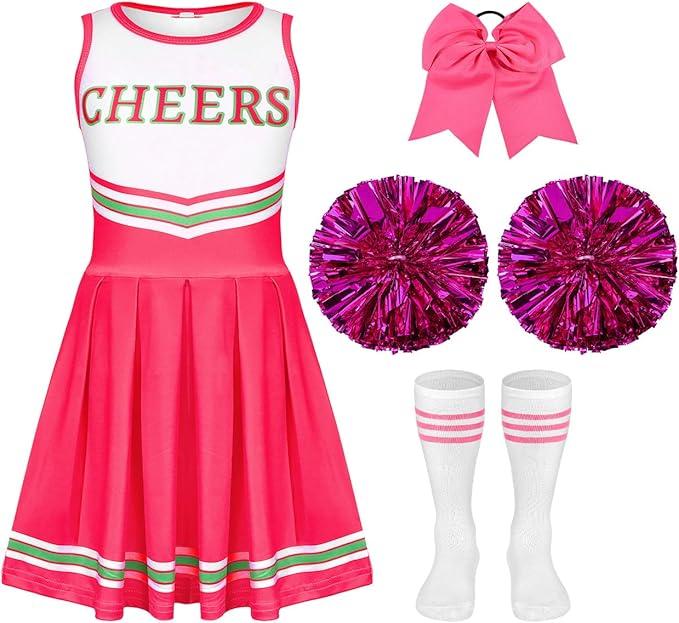 Girls Cheerleader Costume Outfit Set Fancy Dress for Halloween Party Birthday, Pink, Size 9-10Y