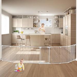 SHYUJAJIE Extra Wide Baby Gate, 30" tall189 Wide Configurable Baby Gate Fireplace Safety Fence, Metal Pet Safety Playpen for Toddler/ Pet/ Dog Christmas Tree Fence (Whtie, 8-Panel)