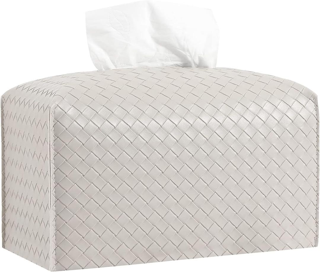 Tissue Box Cover PU Leather Tissue Holder Square Facial Tissue Case Facial Paper Organizer Dispenser for Bathroom, Vanity Countertop, Tabletop, Car, Rectangle, Griege