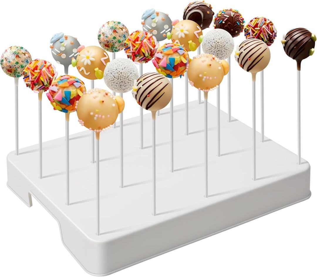 20-Hole Cake Pop Stand with Large Spacing and Taller Height, Easy to Use Upgraded Lollipop Holder & Cake Pop Holder with 100 Sticks, 100 Bags & 100 Ties, Dessert Table Display White