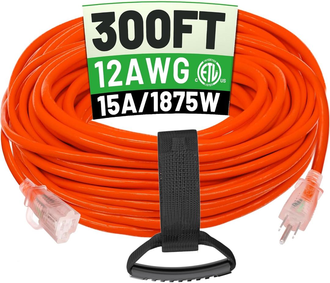 POWGRN 300 ft 12/3 Outdoor Extension Cord Waterproof Heavy Duty with Lighted End 12 Gauge 3 Prong, Flexible Cold-Resistant Long Power Cord Outside, 15Amp 1875W SJTW Orange ETL Listed