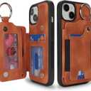 Case for iPhone 13 Phone Case with Keychain Ring Credit Card Holder for Women,for iPhone 13 Leather Case Wallet with Kickstand Card Slots Fashionable Case for Men- Khaki