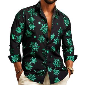 Barry.Wang Mens Christmas Shirts Xmas Holiday Party Button Down Dress Shirts Long Sleeve Snowflake Tree Shirt Halloween (Black, M)