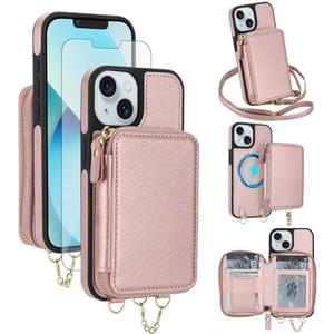 Phone Case for iPhone 13/14 6.1 inch Wallet Zipper Cover With Screen Protector Crossbody Lanyard Strap 2-in-1 Detachable RFID Blocking Flip iPhone13 iPhone14 5G i i-Phone i13 i14 Women Men Rose Gold