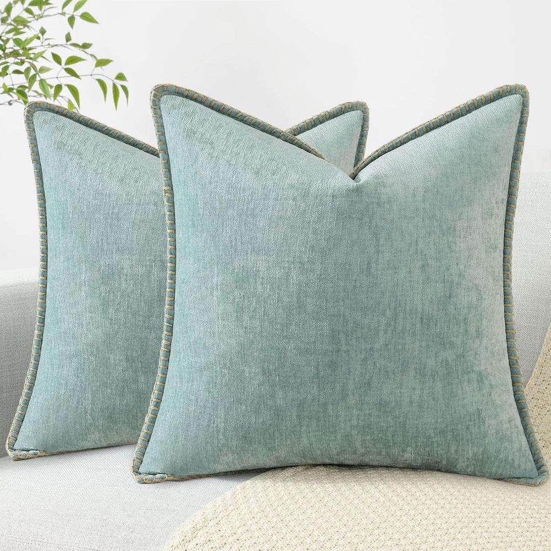 decorUhome Summer Chenille Soft Cozy Throw Pillow Covers 20x20 Set of 2, Modern Farmhouse Boho Velvet Decorative Pillow Cases with Stitched Edge for Couch Sofa Bed Home Decor, Aqua Haze