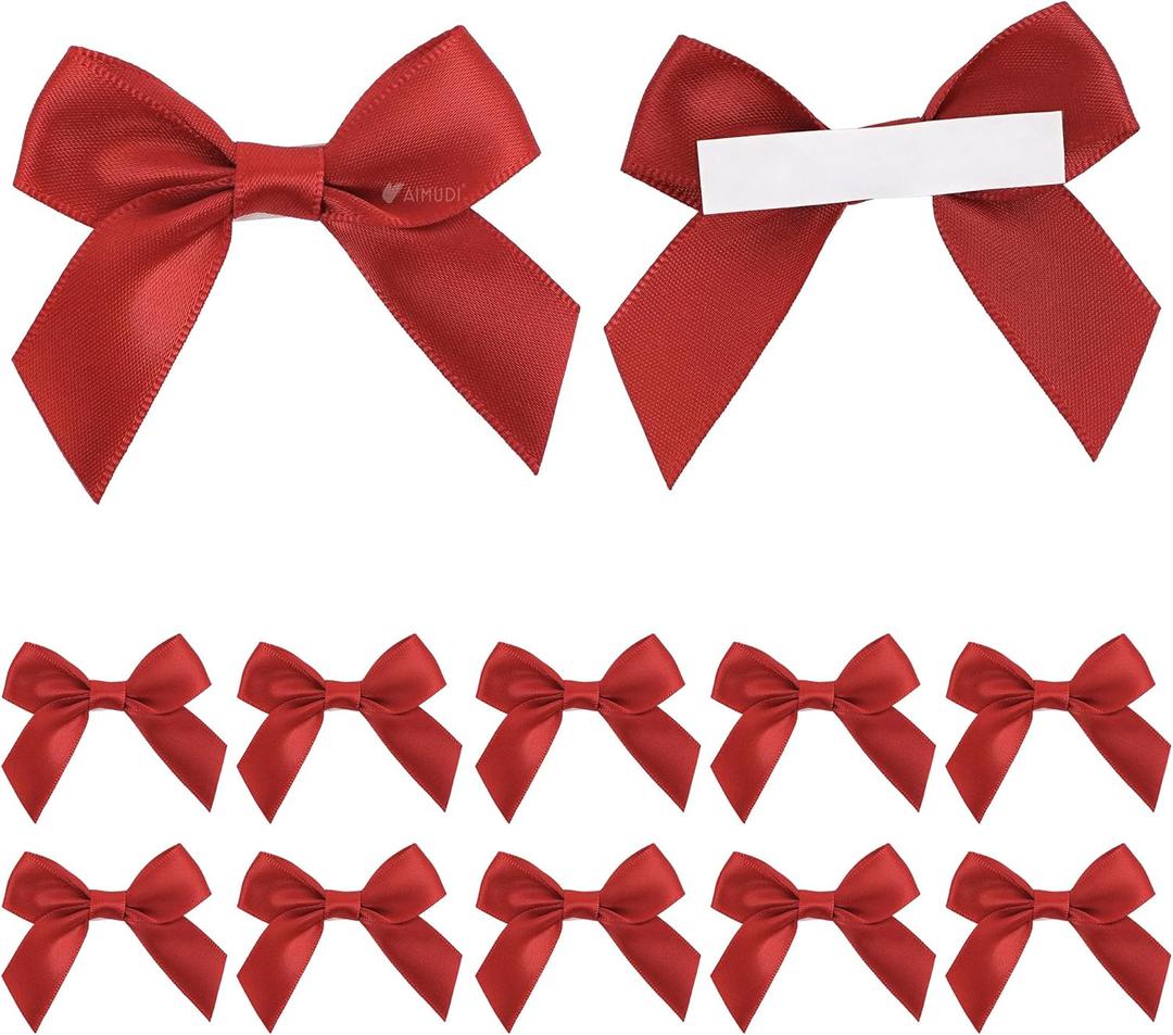 AIMUDI Red Satin Ribbon Bows 2" Self Adhesive Satin Bow for Gift Wrapping Premade Ribbon Bows with Double-Sided Tape for Making Crafts Baby Shower Birthday Party Wedding Decorations, 50 PCs