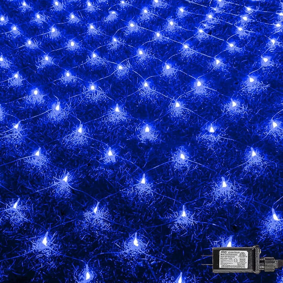 FUNPENY Christmas Net Lights, 9.8ft x 6.6ft 200 LED Mesh Decor Clear Wire with 8 Modes Waterproof Connectable Xmas Decorations for Outdoor Outside Bushes Yard Lawn Patio Tree Garden Party (Blue)