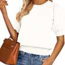 PRETTYGARDEN Womens Tops Spring 2025 Summer Puff Short Sleeve Sweater Crewneck Knit Work Blouses Dressy Casual Trendy Shirts (Medium, White)