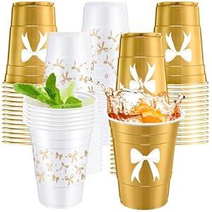 Jingmore 30 Pcs Gold Bow Plastic Cups 16 oz Coquette Cup Bow Disposable Cups in 2 Styles Bow Theme Birthday Party Supplies Coquette Party Decorations for Bridal Engagement Birthday Wedding