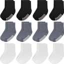 JAKIDAR 12 Pack Baby Toddler Socks Non Slip Grip Cotton Crew Socks for Boys Girls Infants Kids (Black/Gray/White)