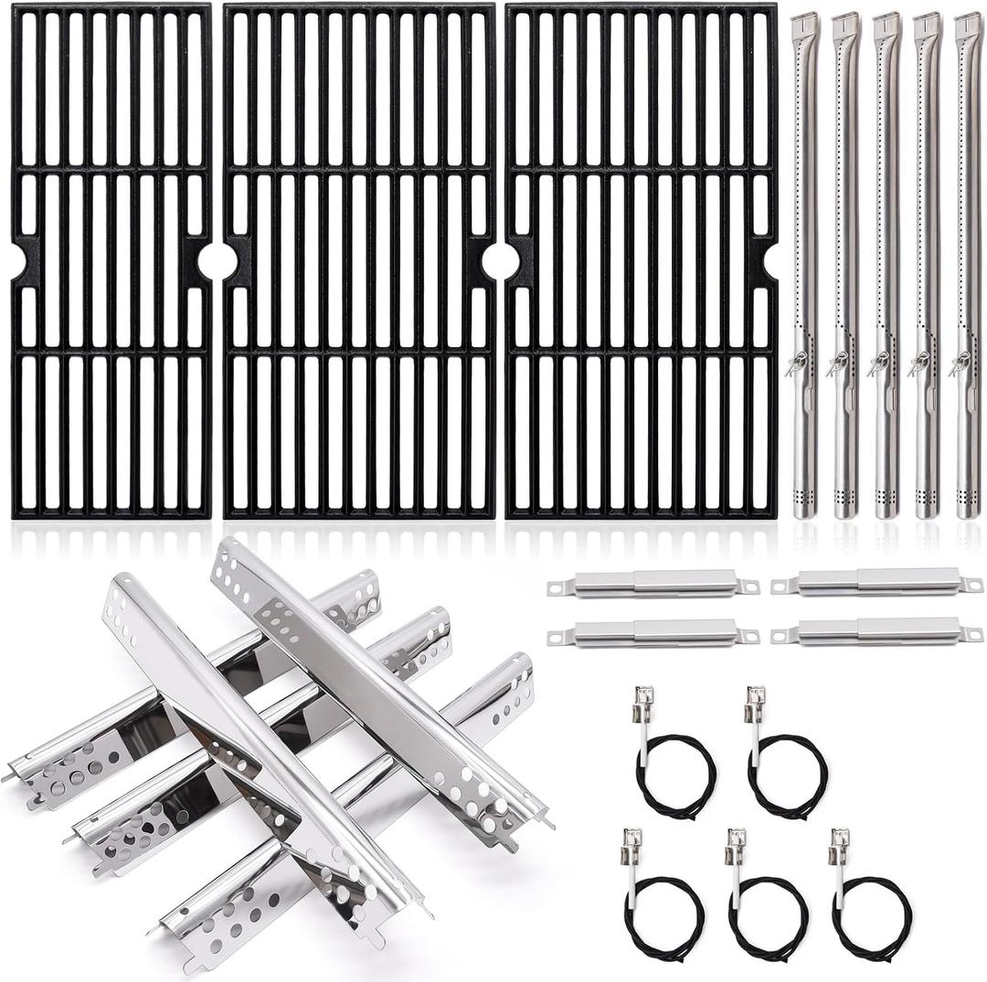 Adviace Grill Replacement Parts for Charbroil Performance 463347519, 463347518, 463373019, G470-0002-W1, G470-0003-W1, 18'' Cast Iron Grill Grates, Heat Plates, Burners, Crossover Tubes, Ignitors