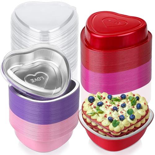 Fovths 72 Pieces Heart Shaped Cake Pans 23 Ounce Aluminum Foil Heart Shaped Cupcake Pans with Lids Disposable Extra Large Dessert Flan Baking Cups for Valentine Cooking, Red, Purple, Pink and Hot Pink