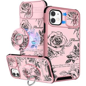 for iPhone 11 Case Women - [2in1] Cute Girls Roses Flowers Compatible with MagSafe Ring Stand Girly Slide Camera Cover Pretty Design for Apple for iPhone 11 Phone Case 6.1"