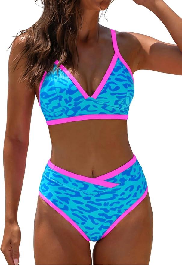 popvil High Waisted Bikini Sets for Women Neon Two Piece Swimsuit Sexy High Cut 2026 Bathing Suit Largge