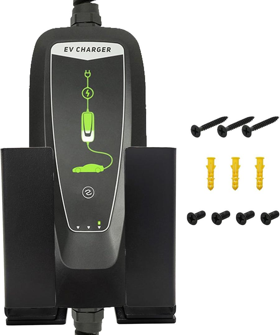 EV Charger Holder - Enduring Metal EV Charging Box Holder Adjustable for Different Size EV Mobile Charger Controller, Black Wall Mount Bracket Fit Max Size 4.76x2.95 Inches