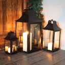 Lanterns Decorative Indoor & Outdoor, 22'' 16'' 11'' Large Candle Lanterns Decorative for Front Porch, Metal Frame Square Holders with Glass, Vintage Patio, Garden, Yard Spring Decor