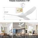 52 Inch Quiet DC Motor White Ceiling Fan with Light Remote Control, Indoor 3 Blade Modern Ceiling Fan for Bedroom Living Room