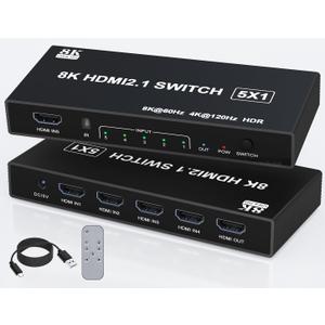 HDMI Splitter 120Hz 4k - 5 in 1 Out 8K HDMI 2.1 Switch Box Port Expander Selector with Remote Support 3D/HDR/HDCP2.3, Compatible with PS 5/4/3 Xbox Switch DVD Player TV PC 4k 120Hz HDMI Splitter