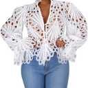 Womens Sexy Lace Long Sleeve Ruffled Tops Cute Puff Flare Blouses V Neck Hollow Out Button Down Shirt Tunic (XX-Large, W1)