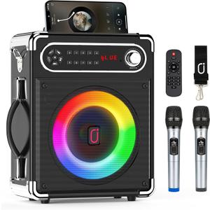 Bluetooth Speaker with Two Wireless Microphones, Outdoor Speaker with Subwoofer/Tweeter, Portable PA Speaker System with Remote Control, Discol Lights, FM, REC for Home, Party (Black)