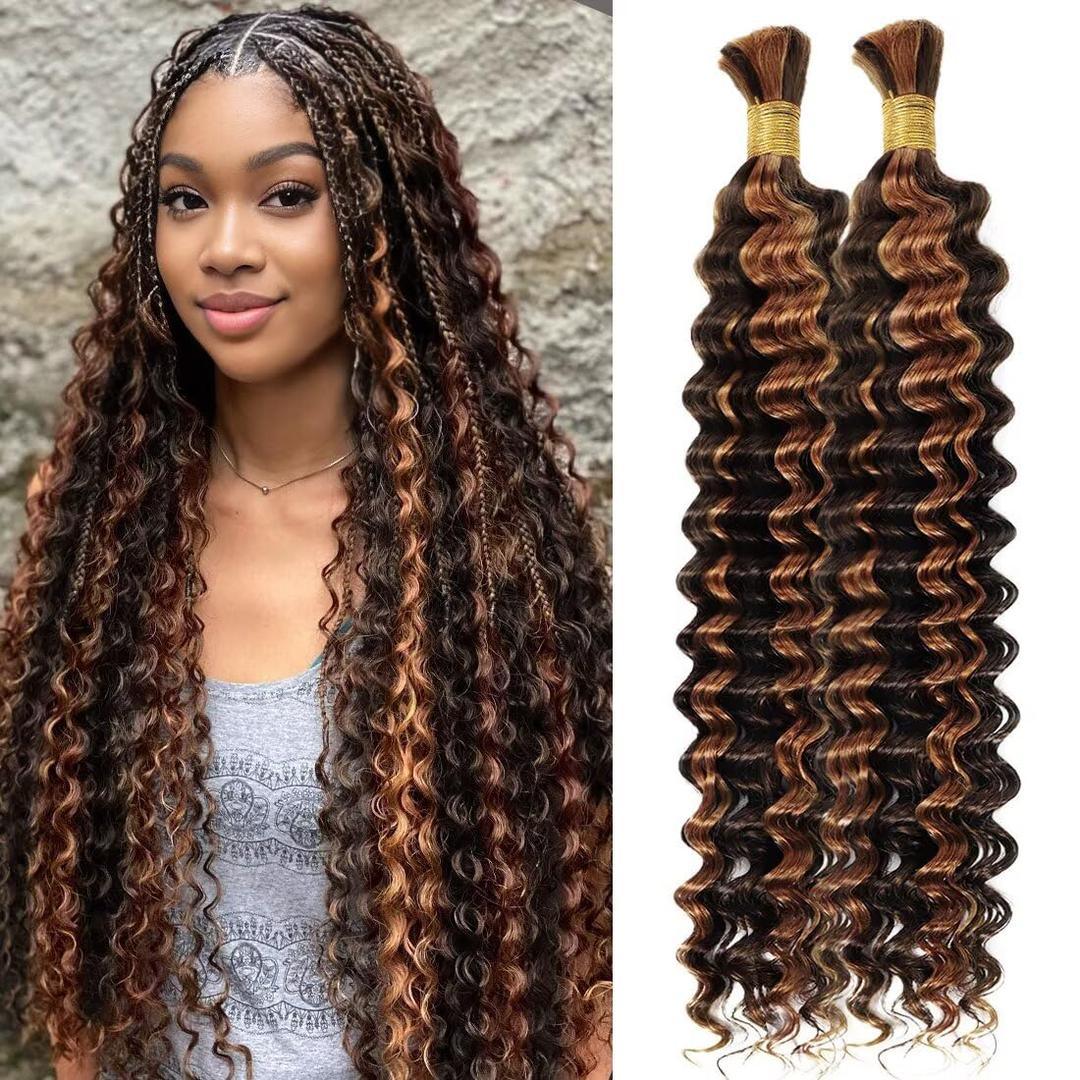 100% Unprocessed Human Hair for Braiding, #4/30 Brown with Auburn Highlights Pre-Separated Curly Bulk Hair, 12A Grade Deep Boho Braiding Hair Extensions, Real Human Hair,18 Inch 100g 2 Bundles