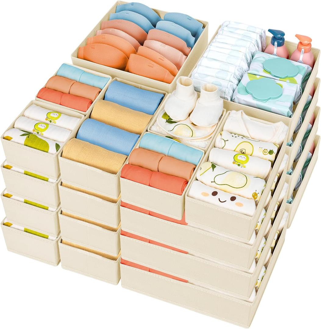 DIMJ Drawer Organizer Clothes, 24 Pack Dresser Organizer, Foldable Closet Organizers and Storage, Fabric Dresser Drawer Organizers, Drawer Dividers for Nursery, Baby Clothes, Underwears, Sock (Beige)