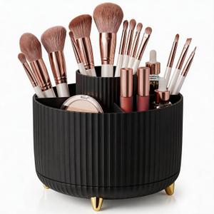 360 Rotating Makeup Brush Holder Organizer, 5-Slot Black Spinning Cup for Women, Vanity Desk & Bathroom Storage for Cosmetics and Beauty Tools Accessories